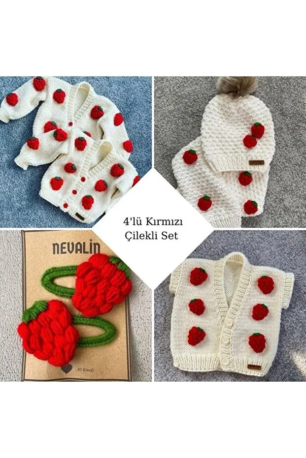 Детский кардиган с узором Hand knitted gift set of 4 pink strawberry detailed cardigan vest scarf beanie and buckle set Nevalin, Ecru