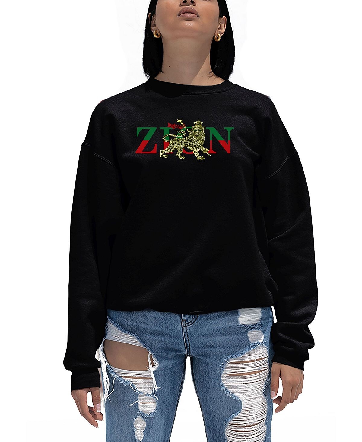 

Женская толстовка с круглым вырезом word art zion one love LA Pop Art, черный