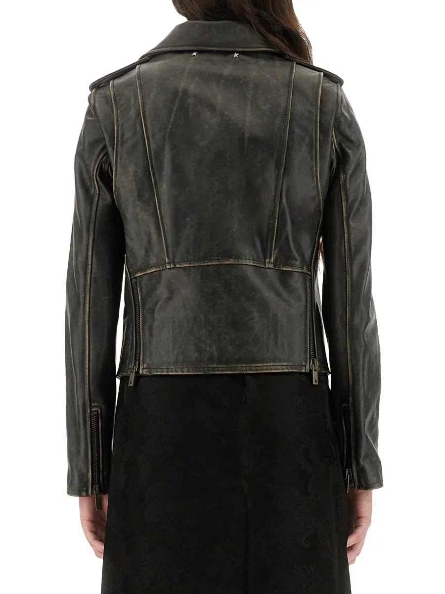 Женская кожаная куртка-косуха укороченная с ремнем Distressed Leather Biker Jacket Golden Goose, черный — фото 3