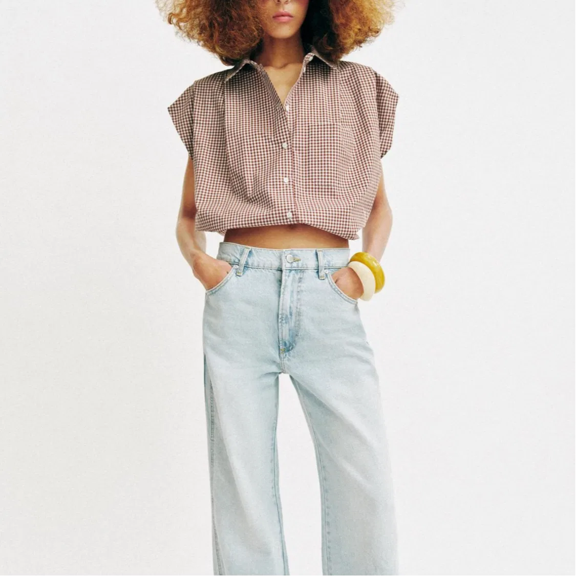Женская рубашка с лацканами Brown/White ZARA, Brown/White — фото 4