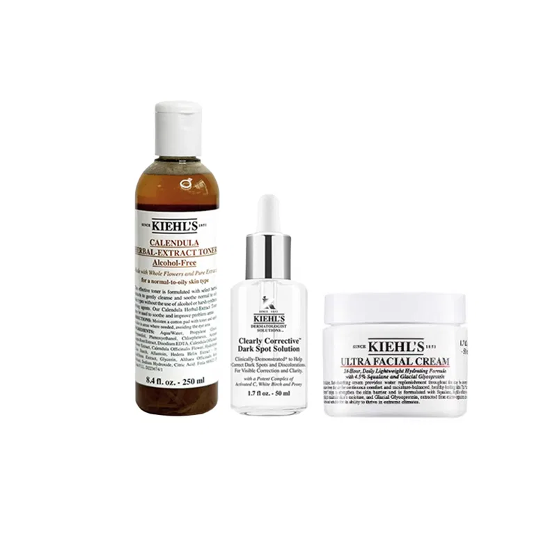 Женский набор косметики Kiehl's Dewy Glow Trilogy, Calendula Toner 250ml + Dark Spot Lightening Serum 50ml + High Hydrating Face Cream 50ml, Kiehl's, White