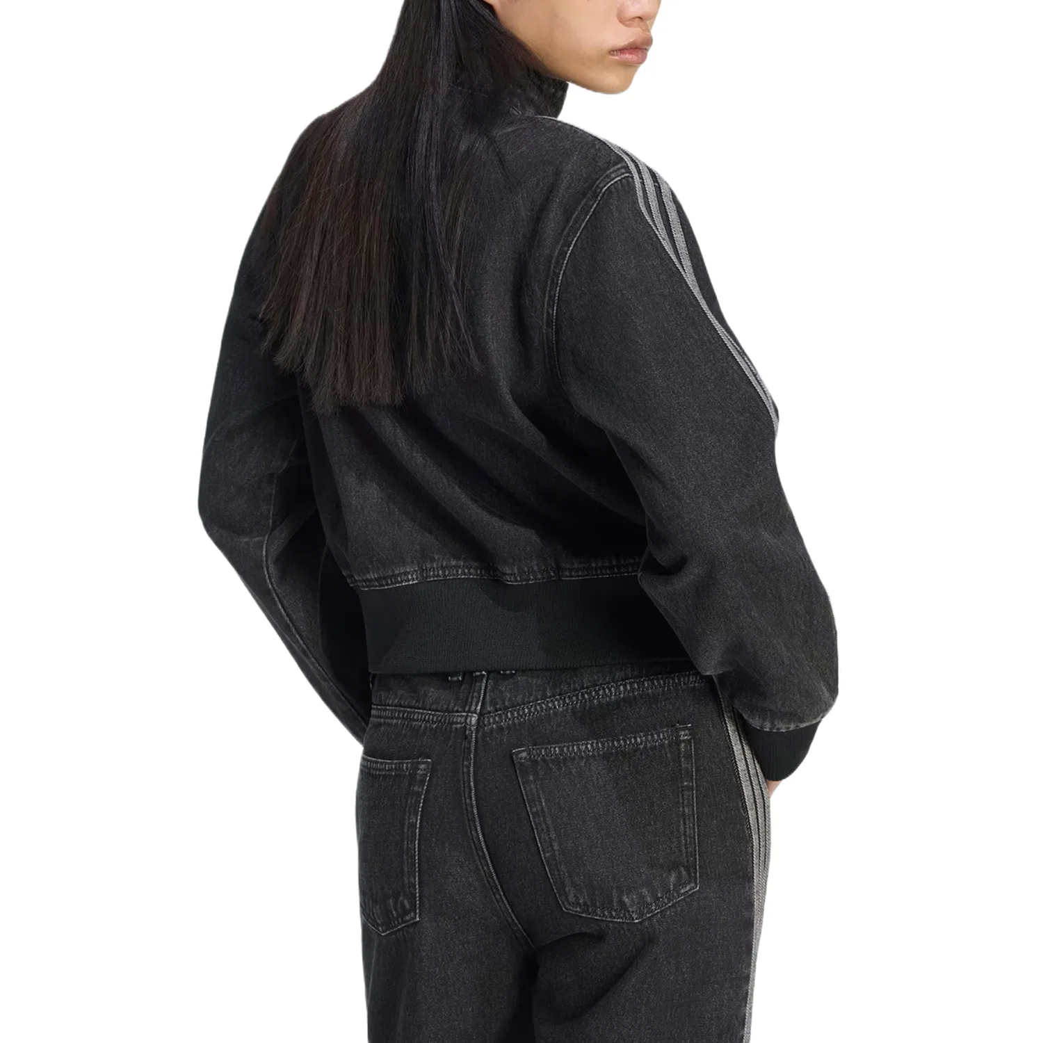 Женская джинсовая куртка с воротником-стойкой Adidas Originals Firebird, Pure Black Denim — фото 4
