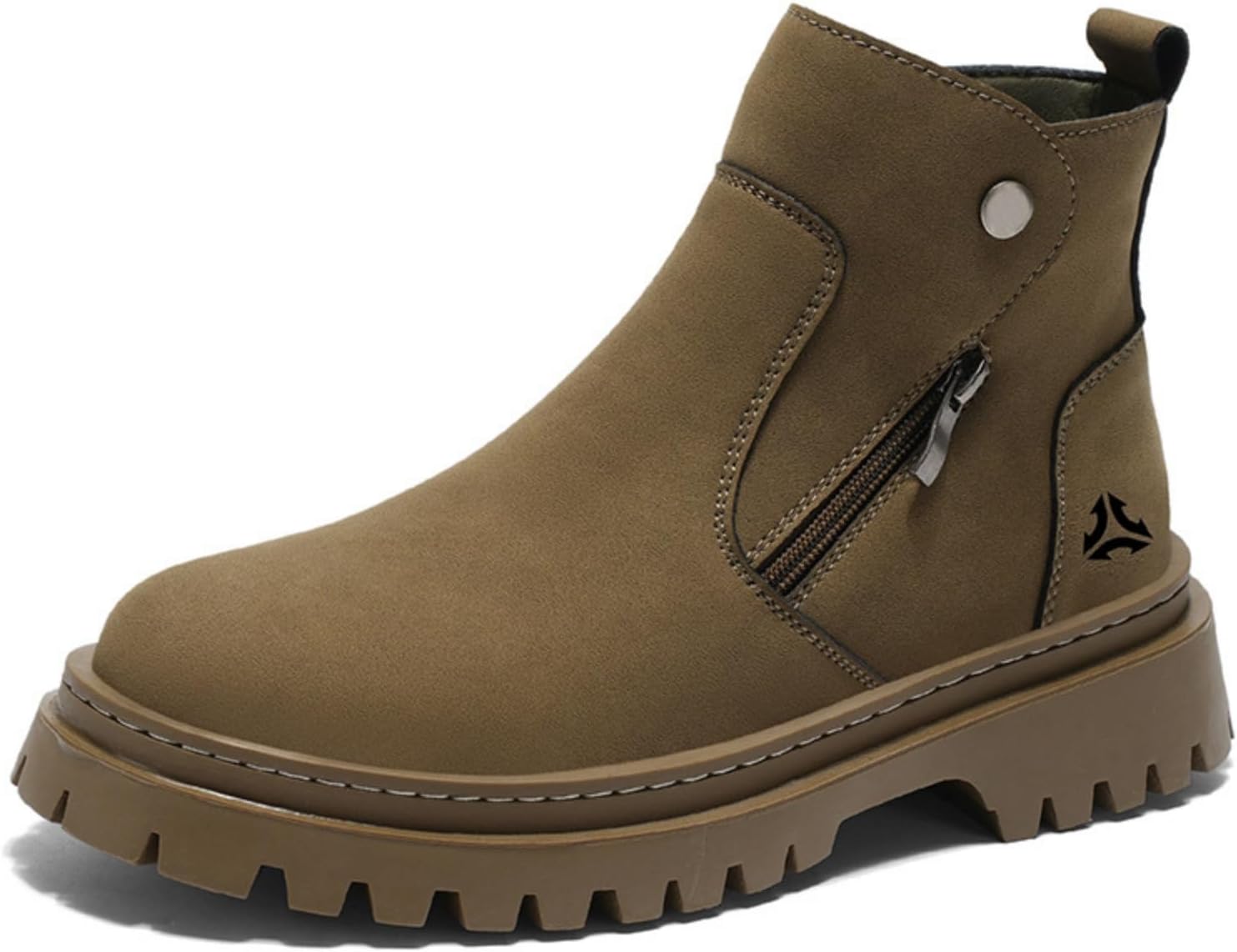 

Мужские кожаные ботинки с толстой подошвой, молнией сбоку, круглым носком и текстурированной подошвой, подходят для работы на улице, прогулок, свиданий, вождения, путешествий и кемпинга Houdbdol, бежевый