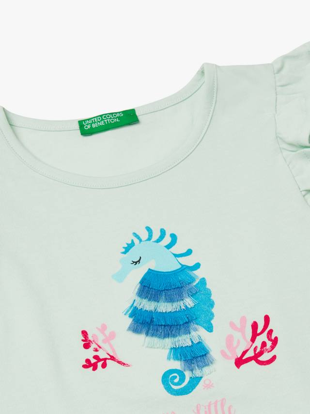 Детский топ с бахромой и оборками на рукавах в виде морского конька Benetton, Teal Green — фото 3
