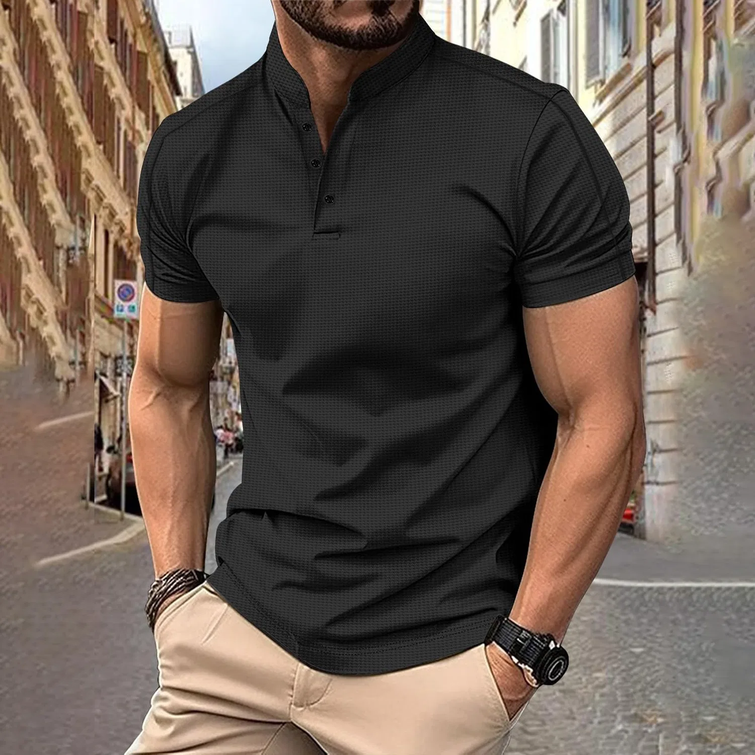 Мужская футболка-поло с коротким рукавом и отложным воротником Henley, Black Polo Shirts for Men — фото 2