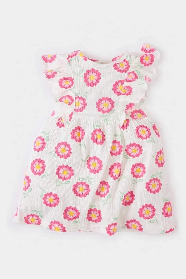Детское платье для девочек с принтом Floral Short Sleeve Crinkle Viscose Summer Dress Defacto, Ecru-Er105 — фото 2