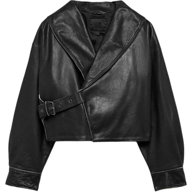 Женская кожаная куртка с лацканами Moderate, ZARA, Black