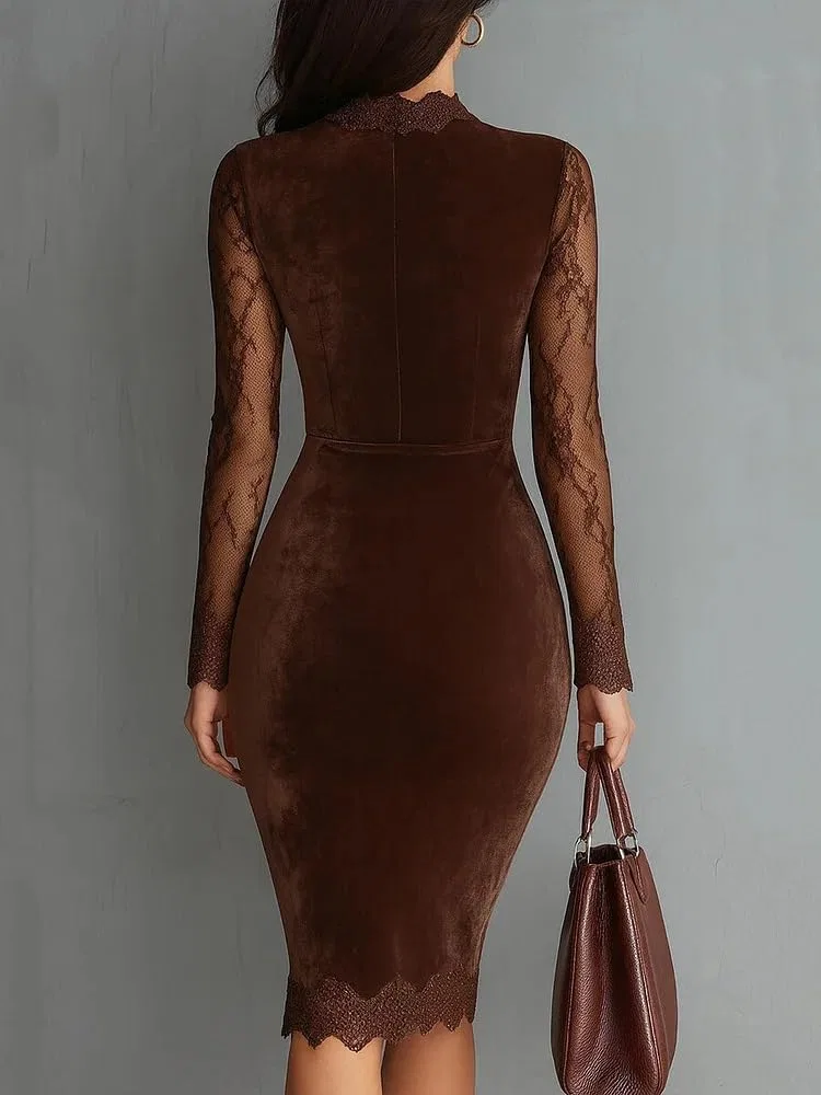 Женское мини-платье с кружевными рукавами Vintage Keyhole Neck, Brown — фото 3
