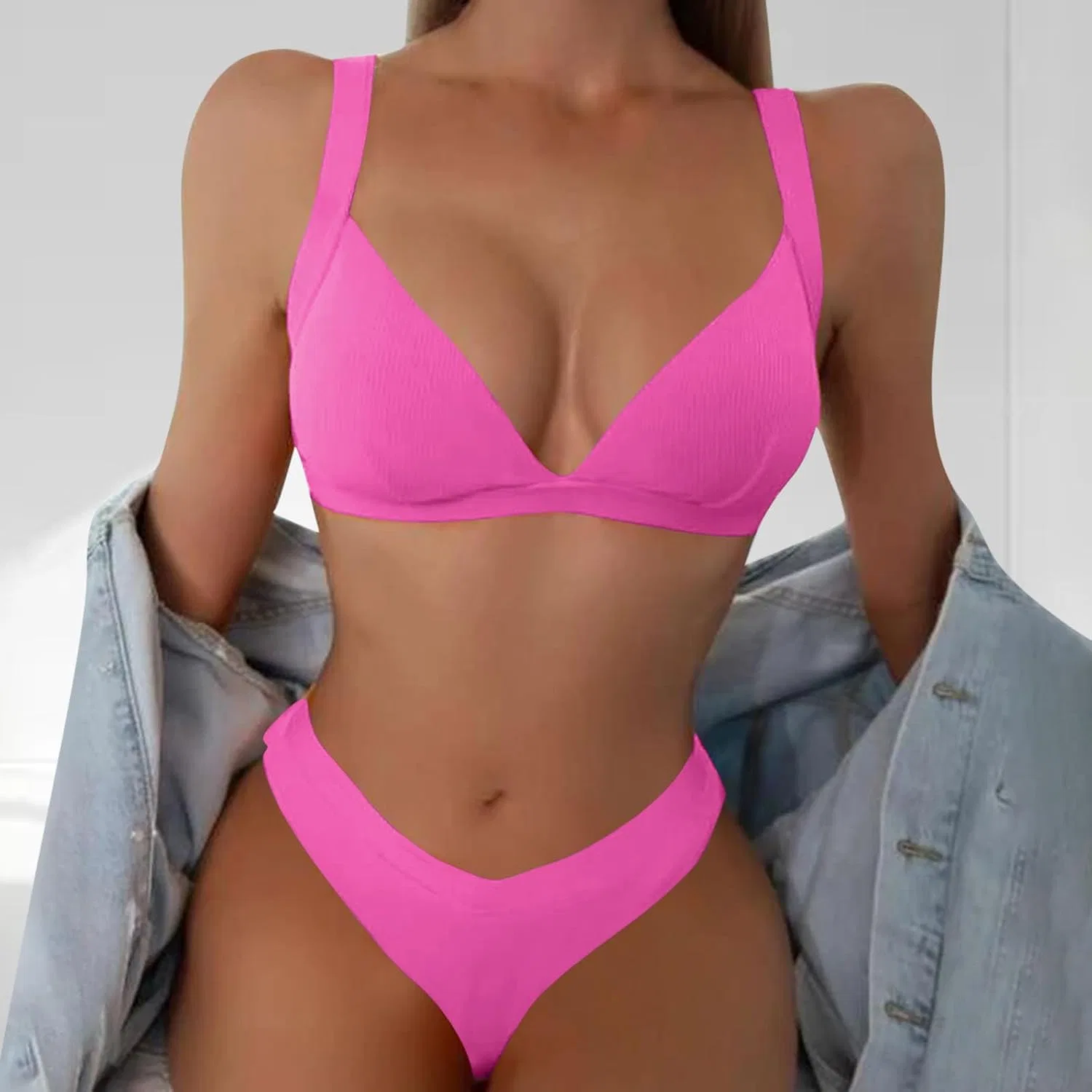 Женский бикини-сет с V-образным вырезом, Hot Pink — фото 2