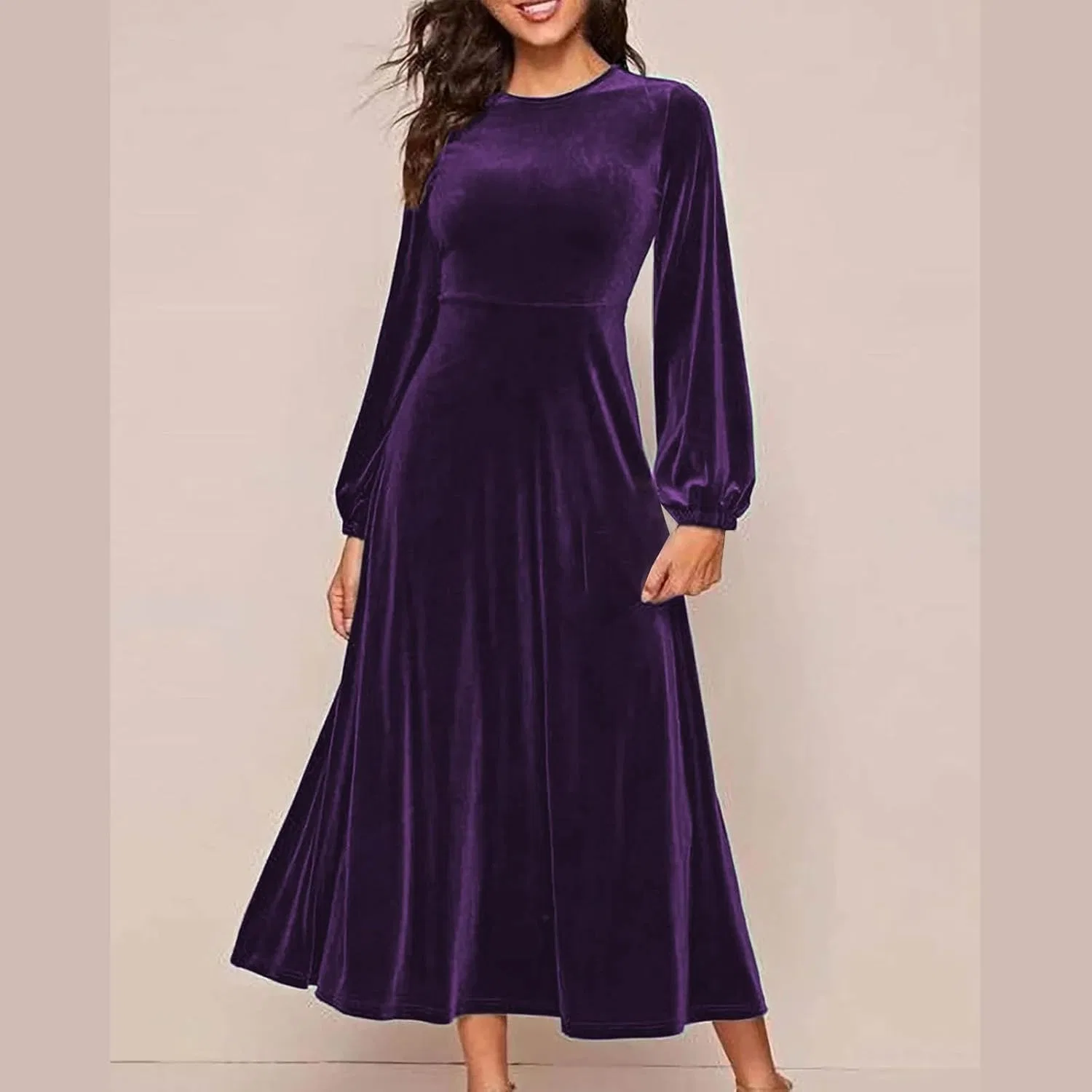 Женское винтажное платье миди из велюра, Purple — фото 2