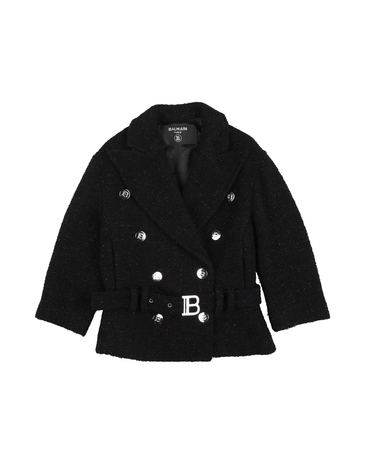 Пальто из твида с поясом Balmain, черный