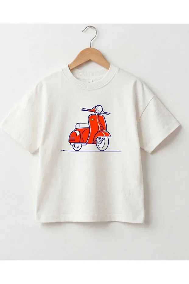 Детская футболка оверсайз с принтом Unisex kids oversize t-shirt scooter printed cotton short sleeve summer t-shirt Babytex, Ecru — фото 2