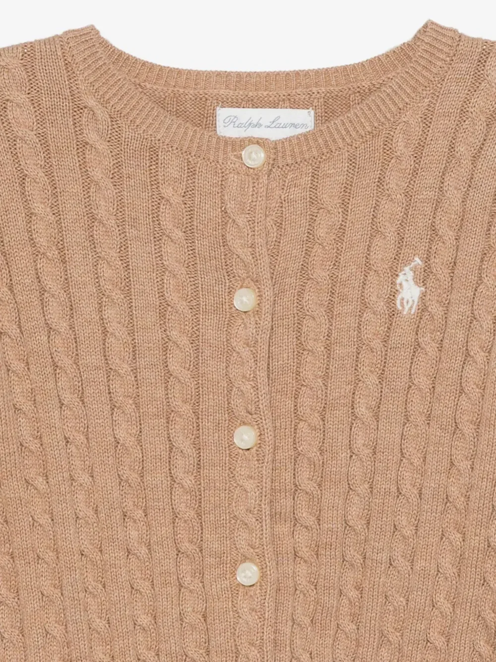 Кардиган с вышивкой логотипа и вязаной косой POLO RALPH LAUREN KIDS, бежевый — фото 3