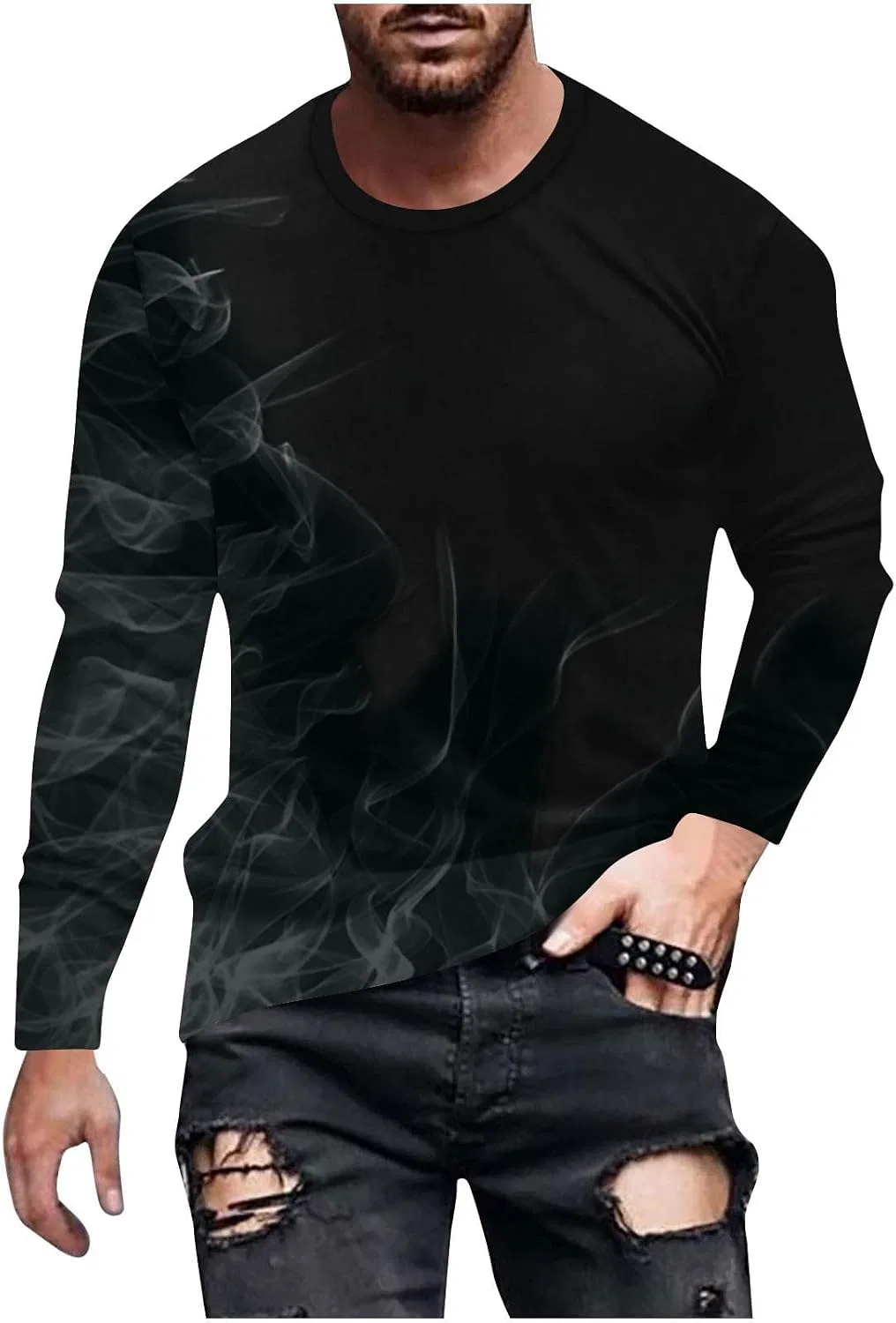 Мужская футболка с длинным рукавом с принтом пламени, Classic Crewneck, Black