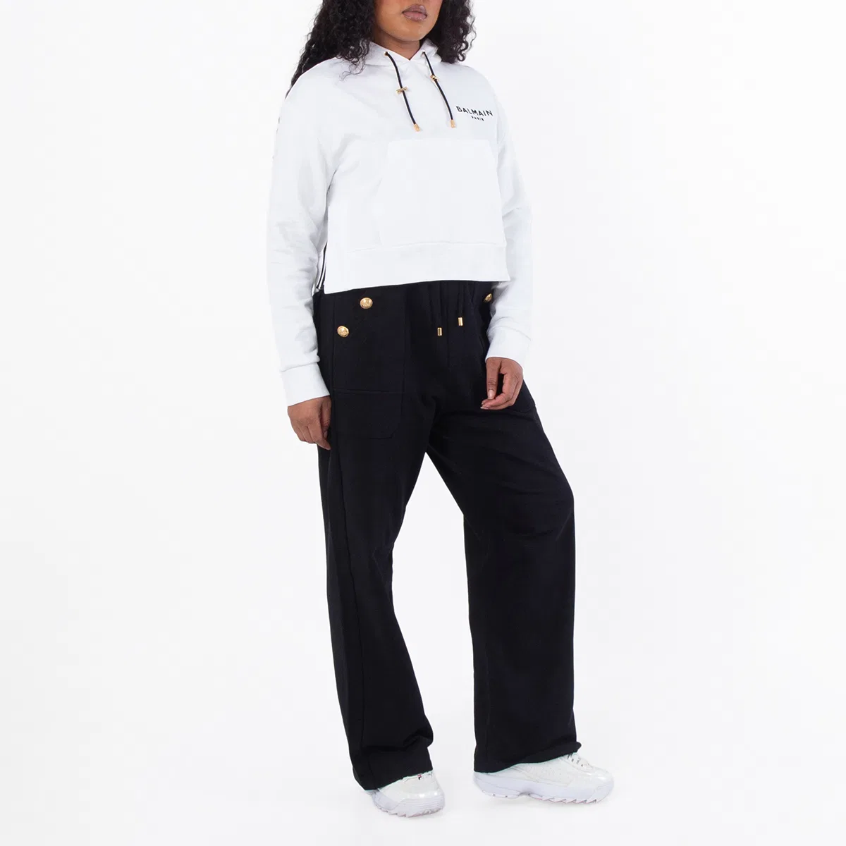 Худи укороченное с капюшоном и принтом Cropped Cotton Flock Hoodie Balmain, Gab Blanc/Noir — фото 4