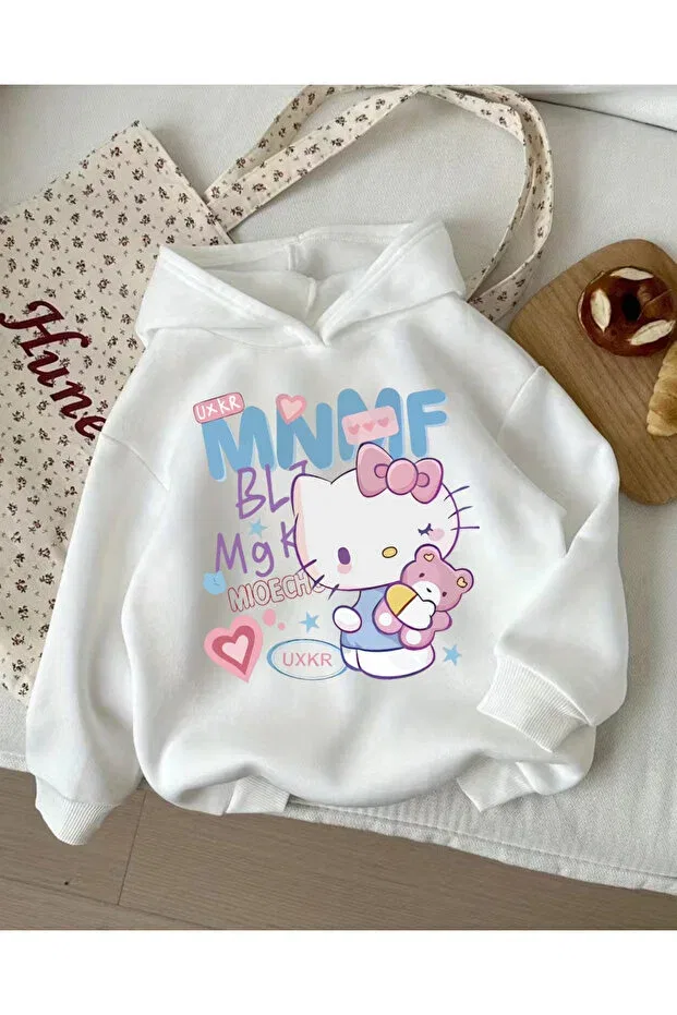 Детское худи для девочек с принтом Kitty Kids 3-thread thick sweet hoodie Toum, White