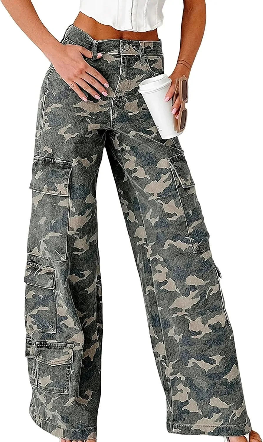 

Женские карго штаны Streetwear Y2k Baggy Wide Leg High Waisted Distressed Camouflage QLAUYIOE