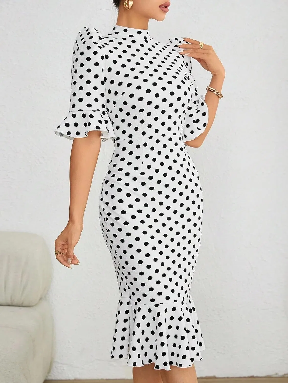 Женское повседневное платье миди с воланами, Dot Sleeve Hem, White — фото 4
