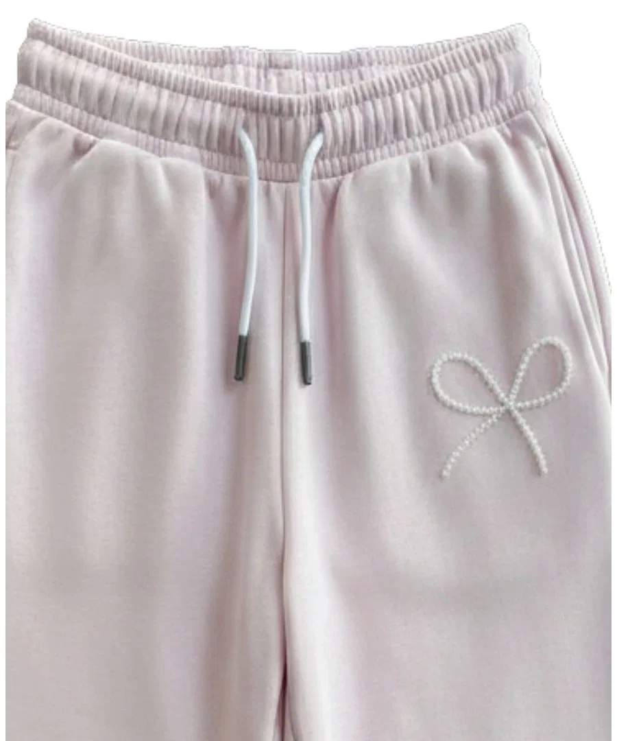 Спортивные брюки с широкой штаниной и мини-бусиной-бантом, модель Mini Imitation Pearl Bow Wide-Leg With Jules, Light Pastel Pink — фото 3