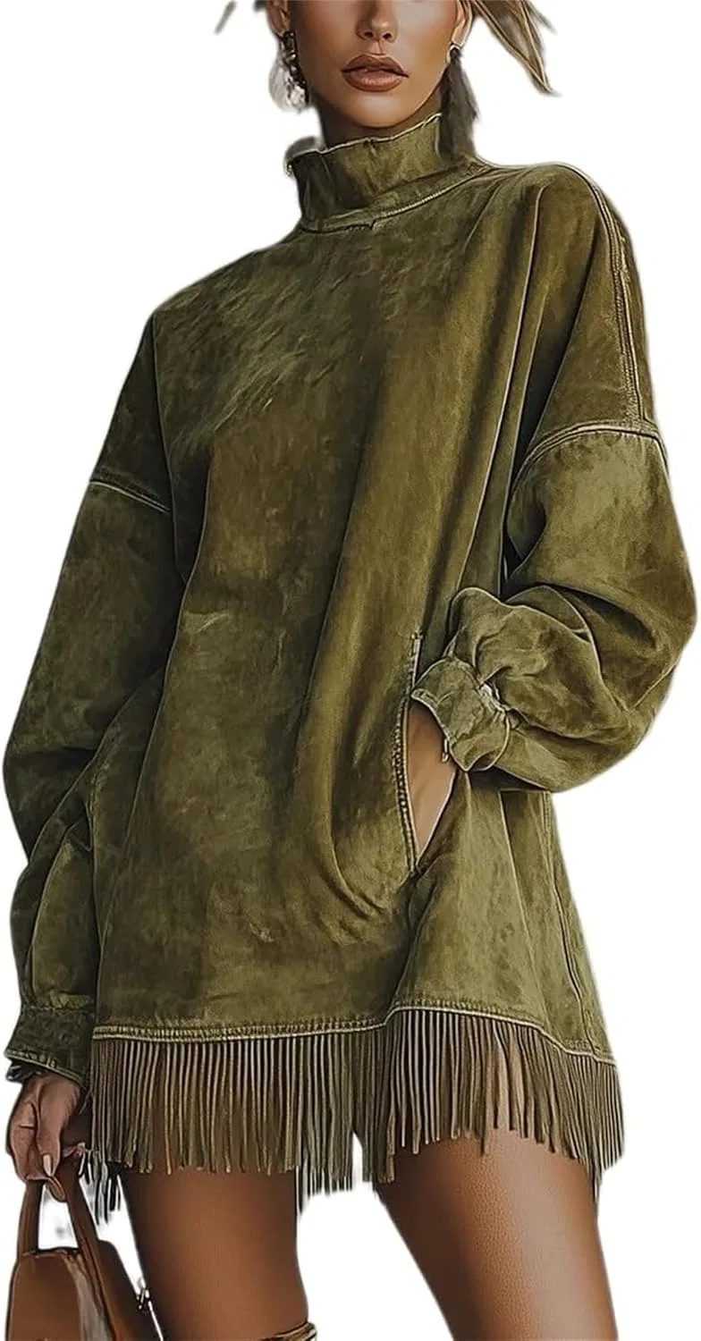Женское мини-платье с бахромой из замши Turtleneck, Army Green