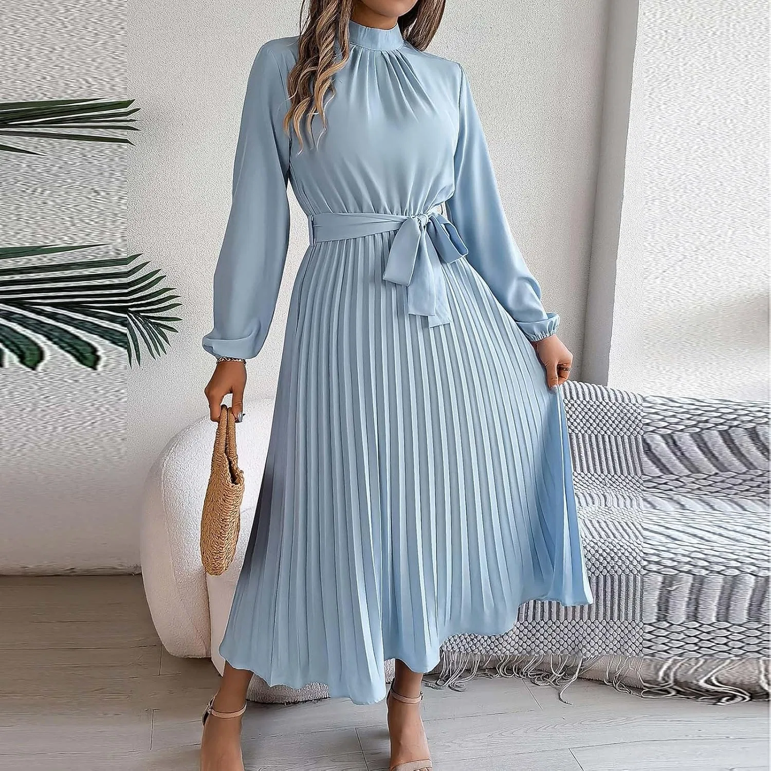 Женское платье макси с длинным рукавом на запах, Light Blue — фото 3