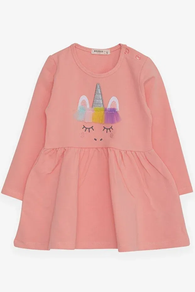 Детское платье для девочек с длинным рукавом Unicorn Embroidered Breeze, Salmon