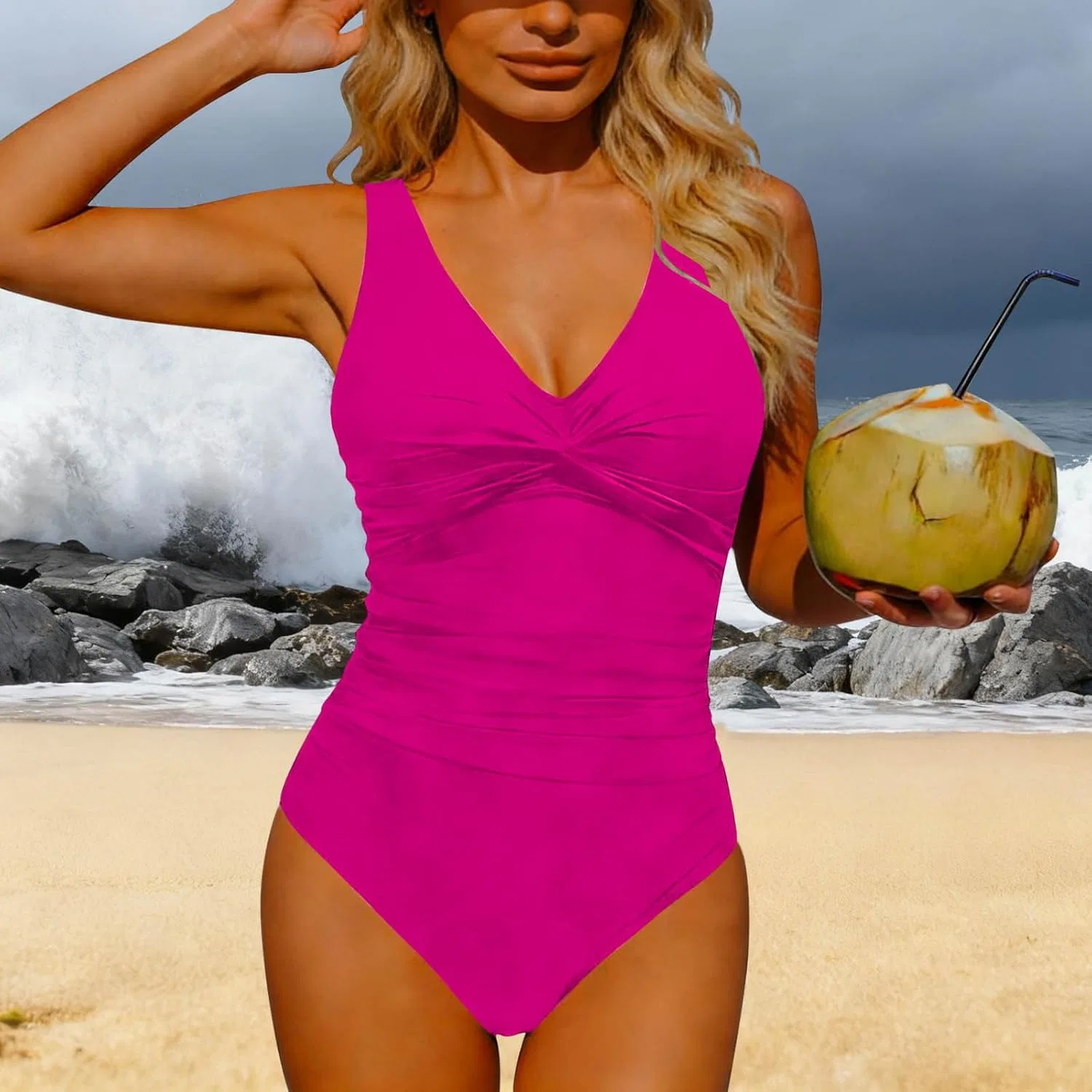 Женский цельнокроеный купальник с утяжкой живота Hot Pink — фото 2