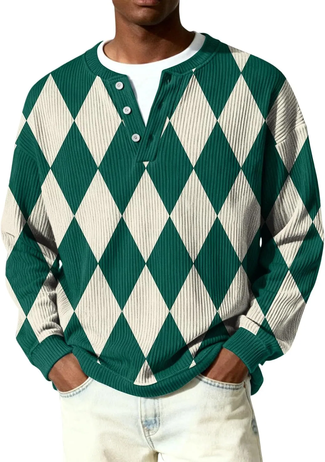 Мужская футболка с длинным рукавом Ribbed Knit Henley, тёмно-зелёный
