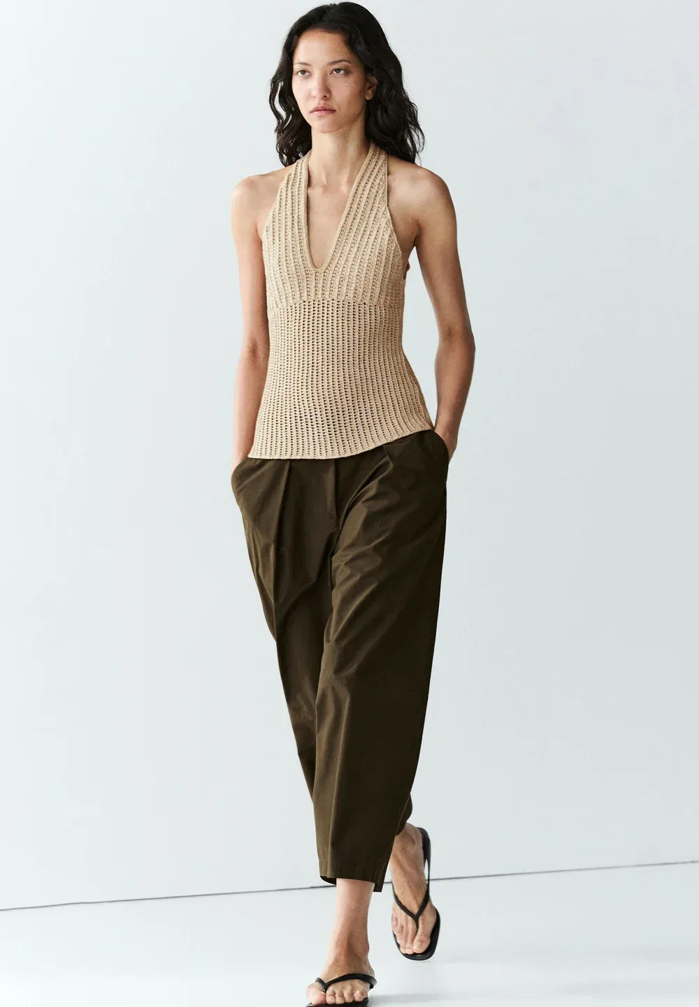 Вязаный крючком топ из смесовой хлопковой ткани Massimo Dutti, Beige — фото 3