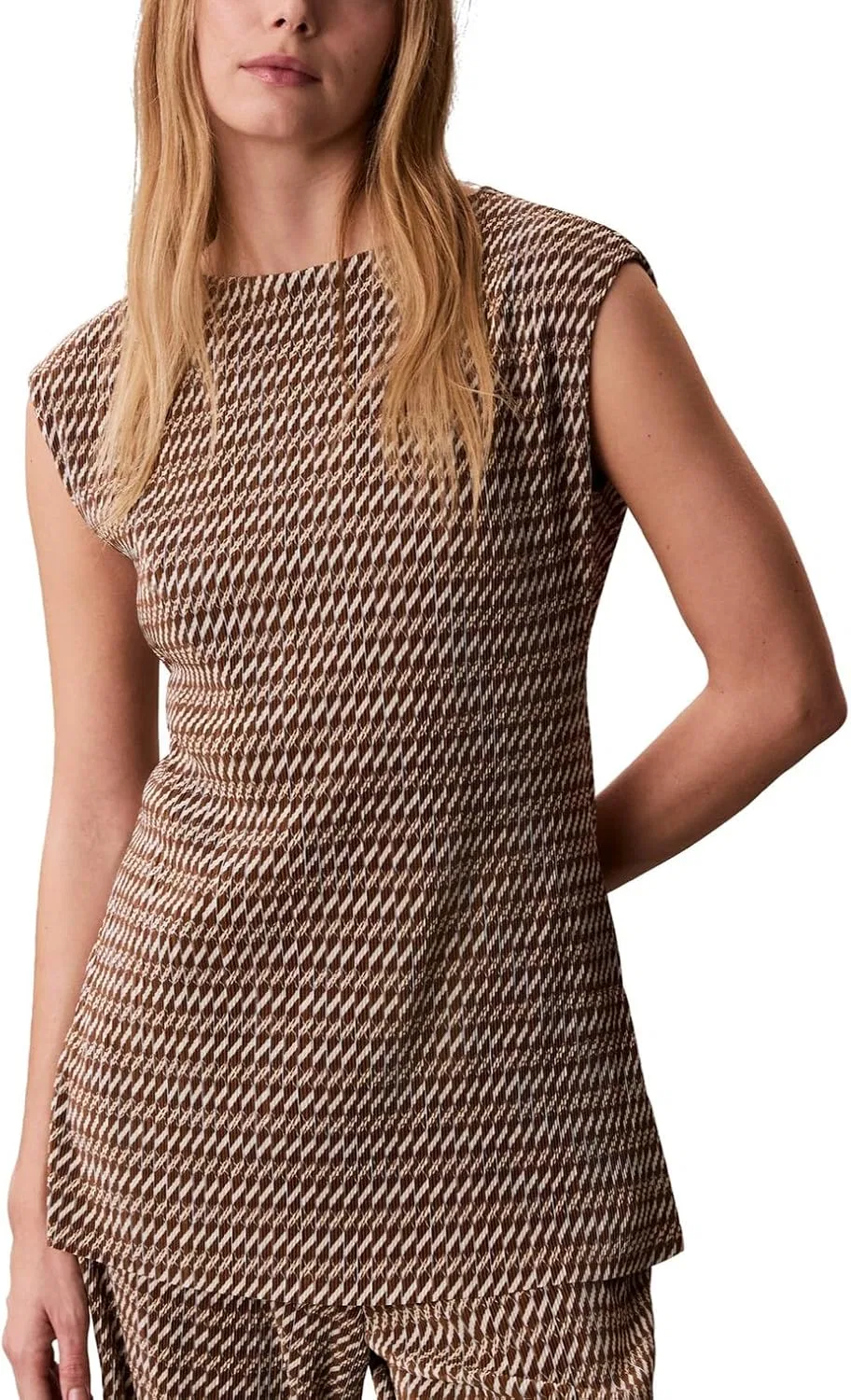 Женская туника принтованная плиссе Printed Plisse Boat Neck Tunic Calvin Klein, Brown Ladder Print