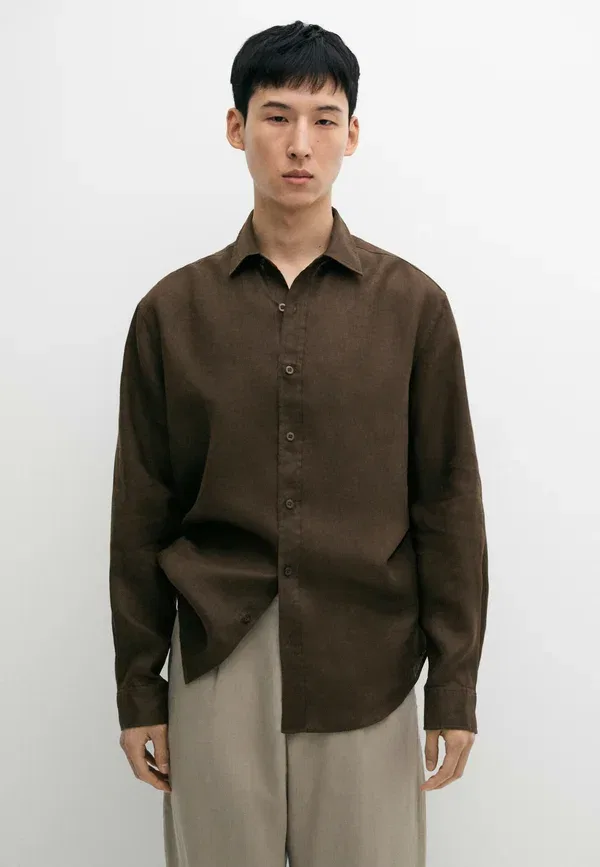 Рубашка из льна Shirt Massimo Dutti, Mottled Dark Brown, темно-коричневый — фото 3