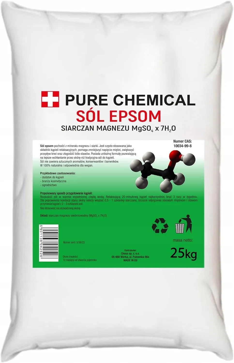 Соль для ванн Epsom Salt Magnesium Sulphate, PURE CHEMICAL by CHOSA, 25 кг, Epsom