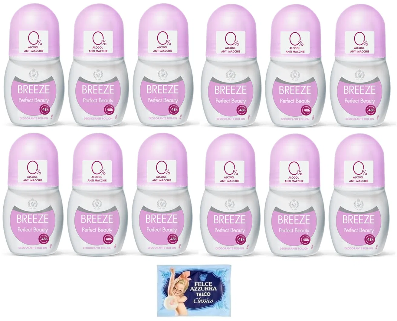 Дезодорант-ролик Breeze PerfectBeauty Felce Azzurra, набор 12 шт по 50 мл + тальк 100 г