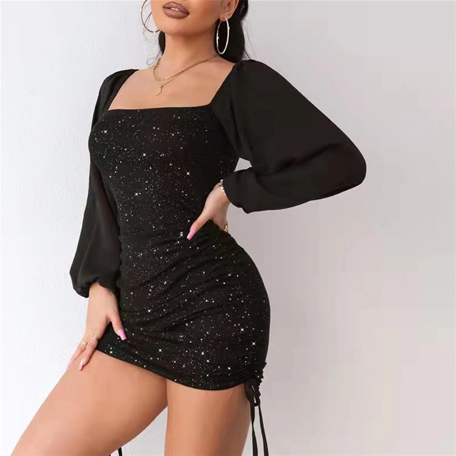 Женское длинное платье с длинным рукавом на квадратном вырезе, Black — фото 2