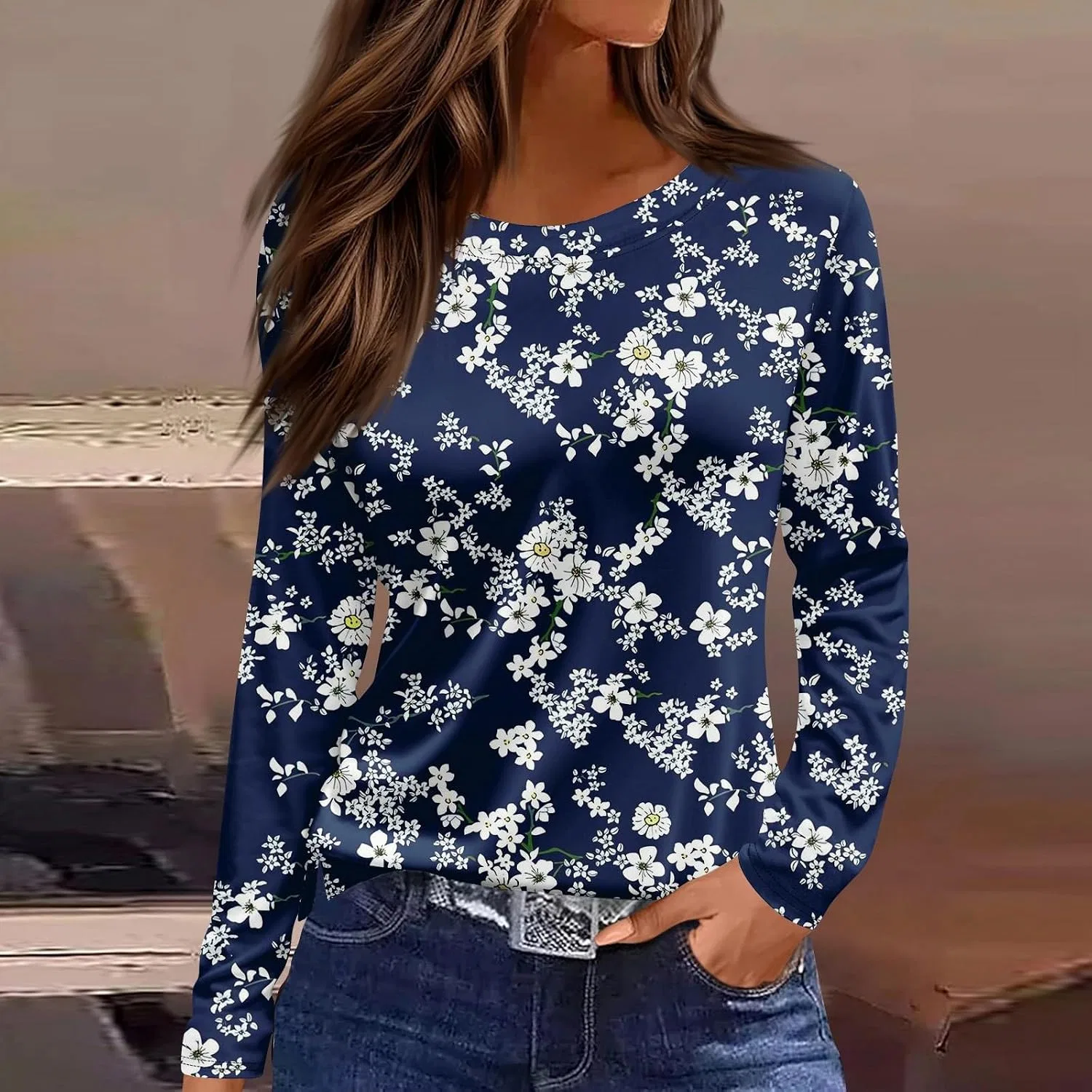 Женская футболка с длинным рукавом с цветочным принтом Generic, Royal Blue — фото 2