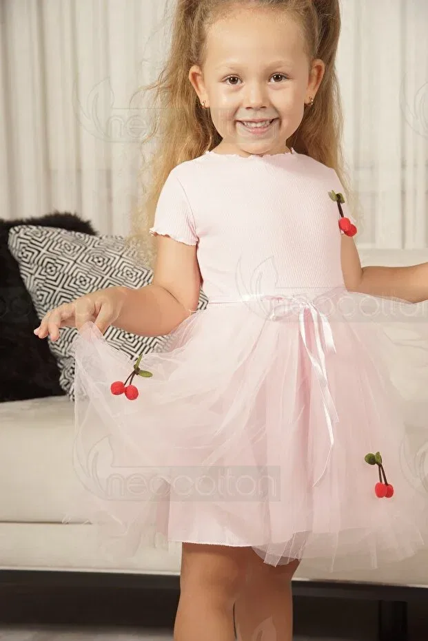 Детское платье для девочек с длинным рукавом Flexible and cherry tulle lined dress Neocotton, Short-Pink — фото 3
