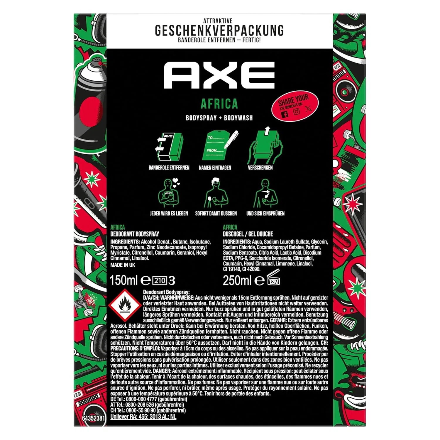 Набор AXE Спрей для тела + Shower Gel Africa, 150 мл + 250 мл, 8 шт, зеленый — фото 2