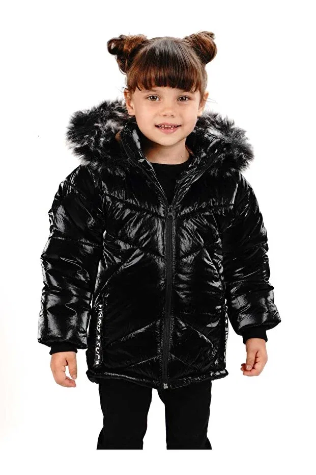 Детское пальто для девочек блестящее с капюшоном Çocuk Giyim Merkezi, Black