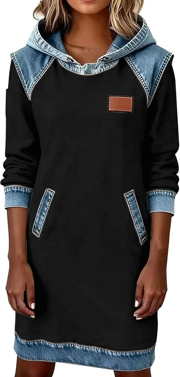 Женское худи-платье с джинсовой вставкой деним Oversize, Black