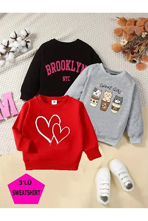 Детское для девочек свитшот с принтом Heart printed red-grey-black triple crew neck girls' sweatshirt with fleece inside Twins Tailors, Red-Grey