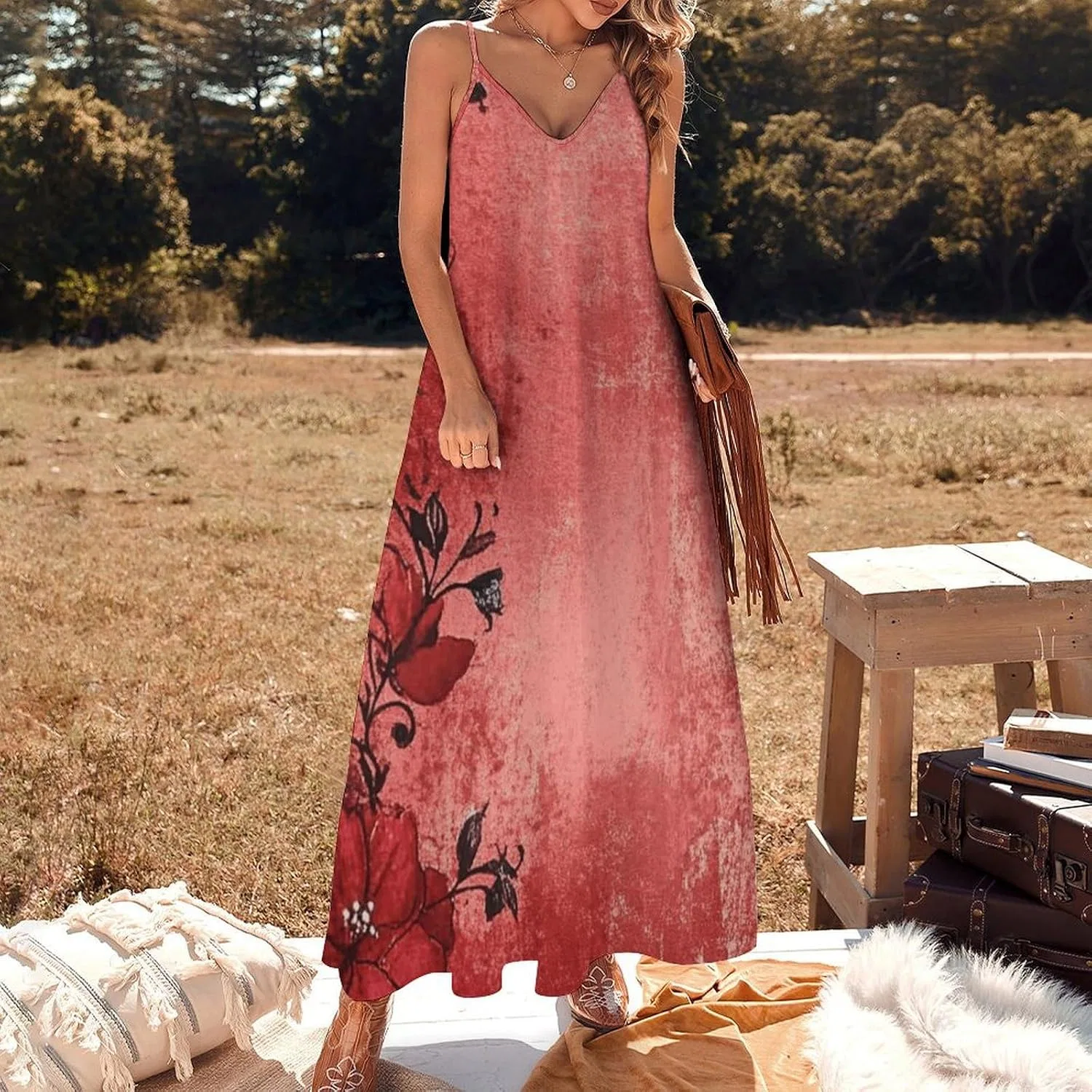 Женское летнее платье-макси с принтом, Red Boho-1 — фото 2