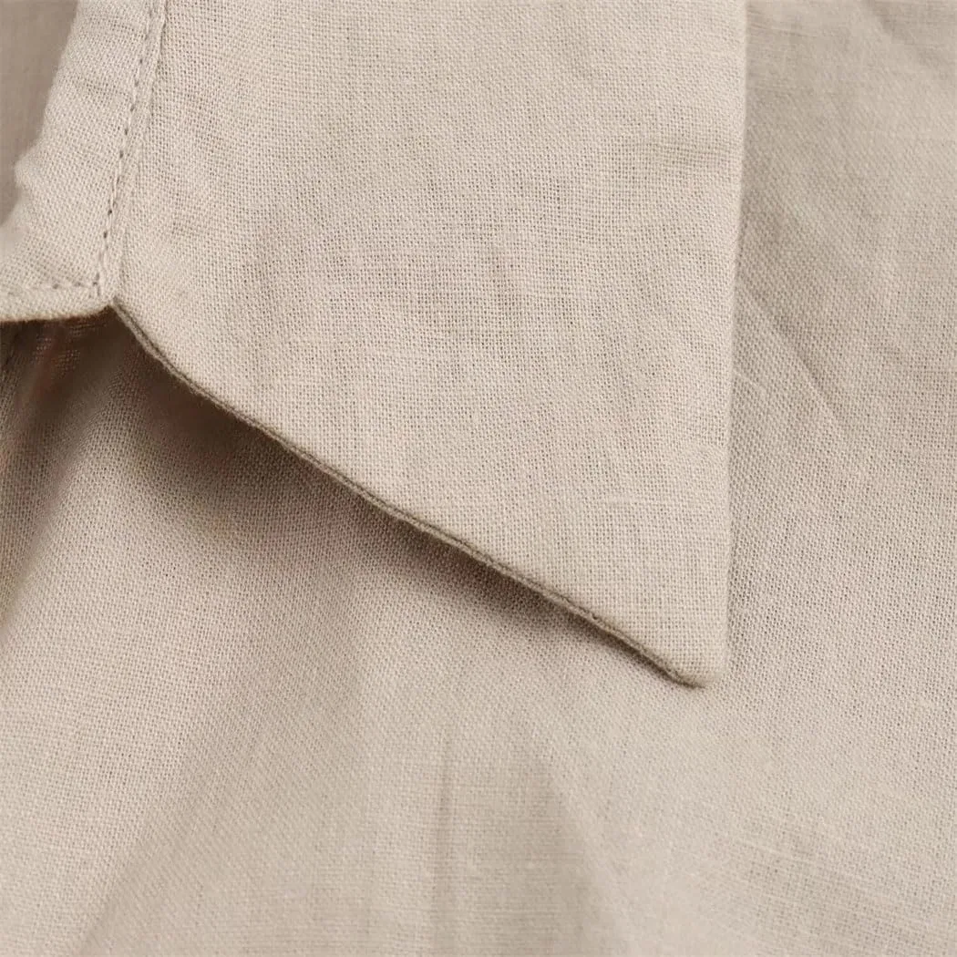 Женское платье-рубашка с поясом Linen Short Sleeve Lapel Belt Pleated Shirt Dress — фото 2