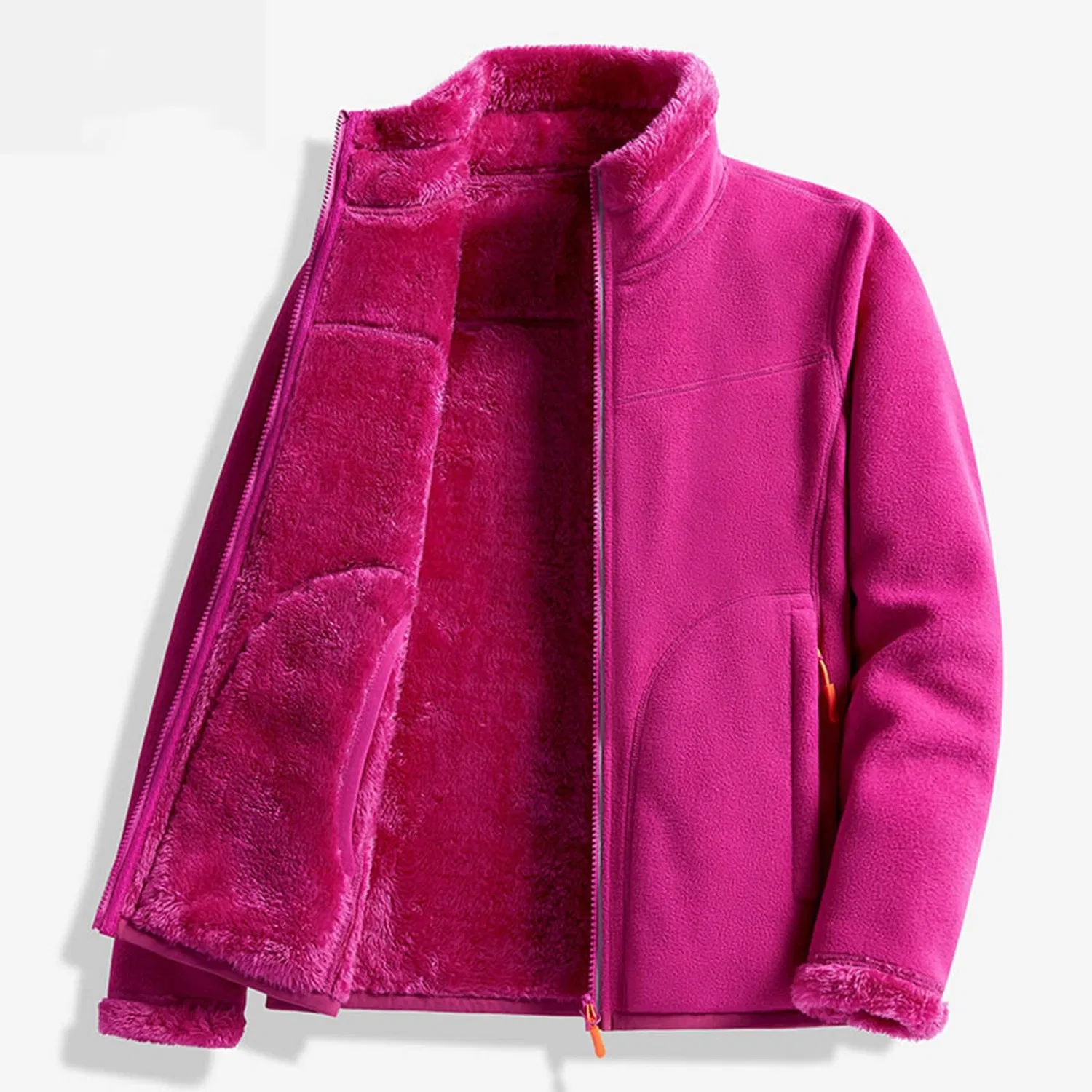Женское утепленное пальто на флисе с принтом, модель Sherpa Lined Coats Women Fleece Teddy Winter Warm Full Zipper Solid Color Jackets Fluffy Fluffy Casual Comfortable Soft Furry Jackets With Pockets, Rosa acceso — фото 3