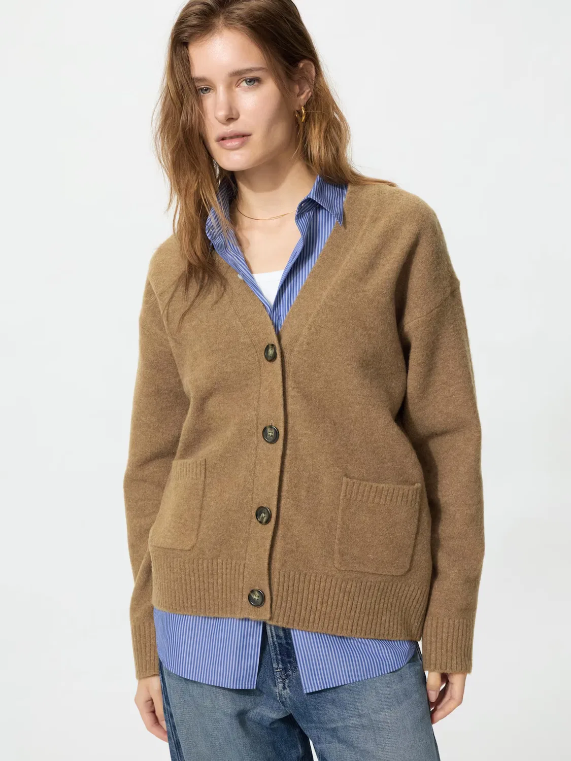 Кардиган Uniqlo, свободный, из пряжи суфле, коричневый