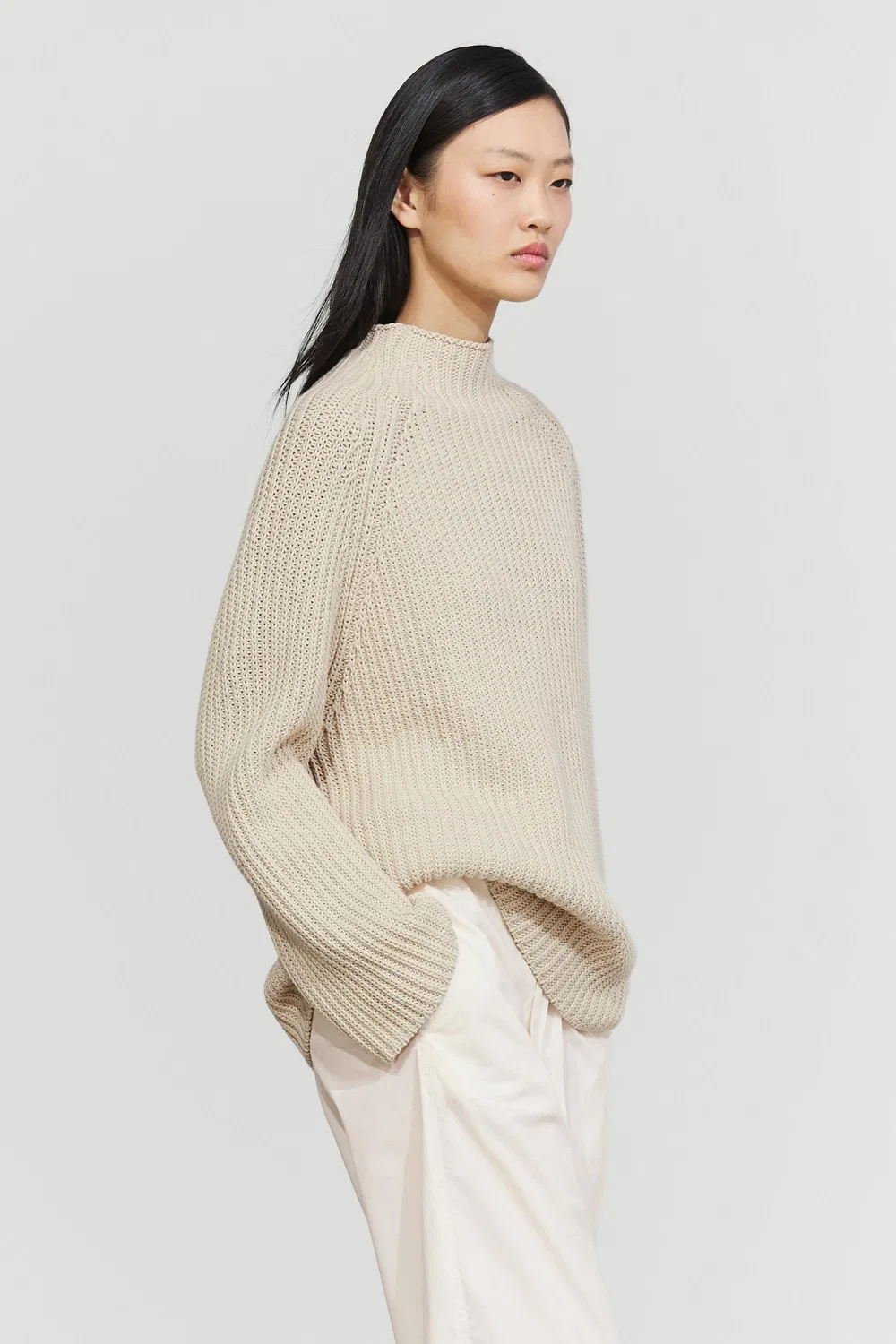 Свитер Massimo Dutti, изнаночная вязка из 100% хлопка, stone — фото 3