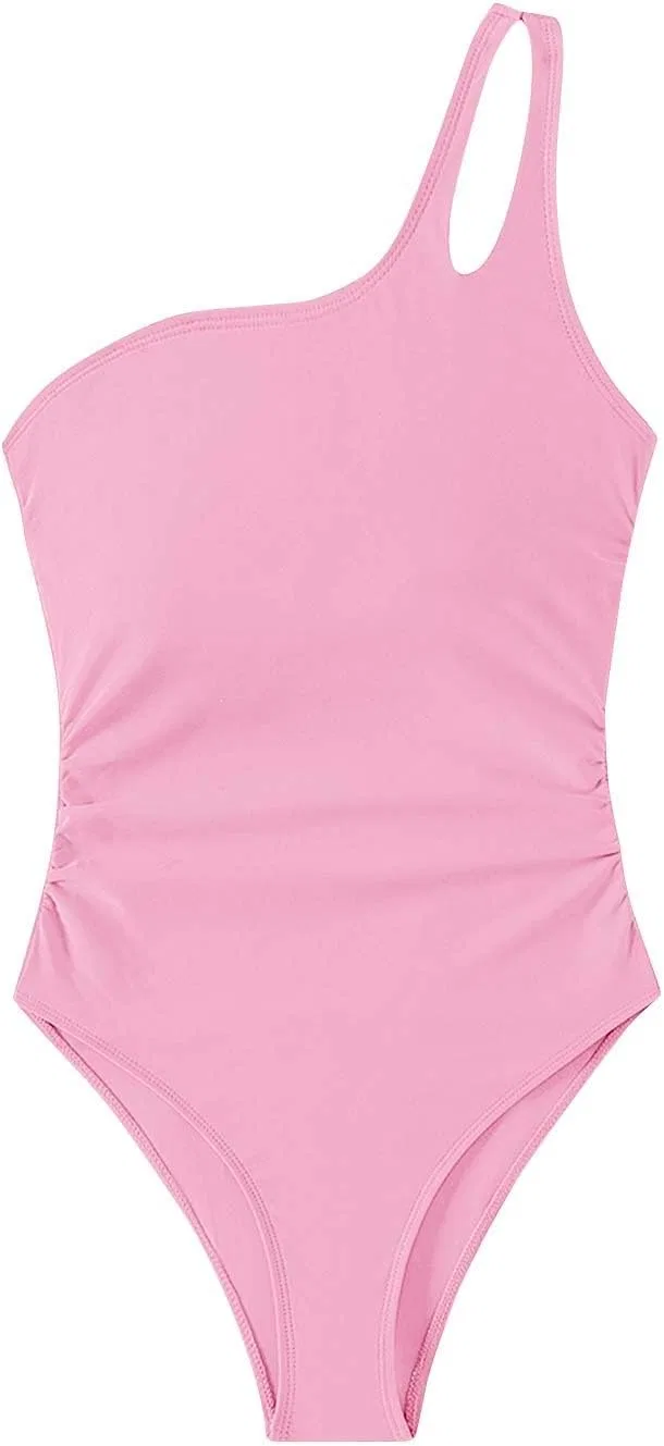 Женский купальник цельнокроеный с одним плечом, утягивающий, Pink — фото 3