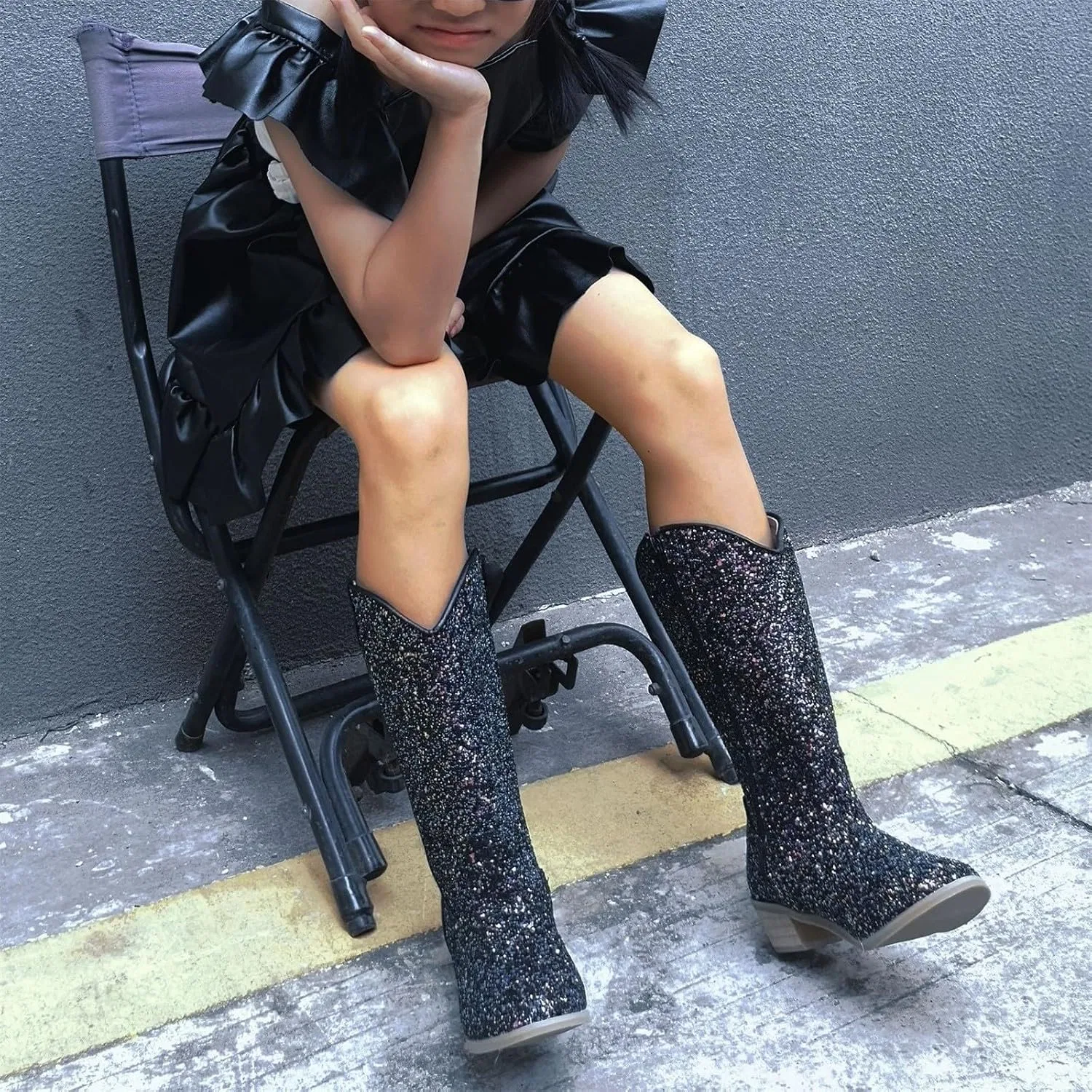 Детские сапоги для девочек с принтом из стразов Rhinestone Sparkly Girls Cowboy Boots, Black — фото 3
