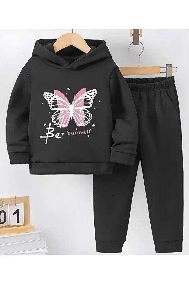 Детский комплект для девочек с принтом Be your self butterfly printed black children's hoodie tracksuit set Bymeer, Siiyah