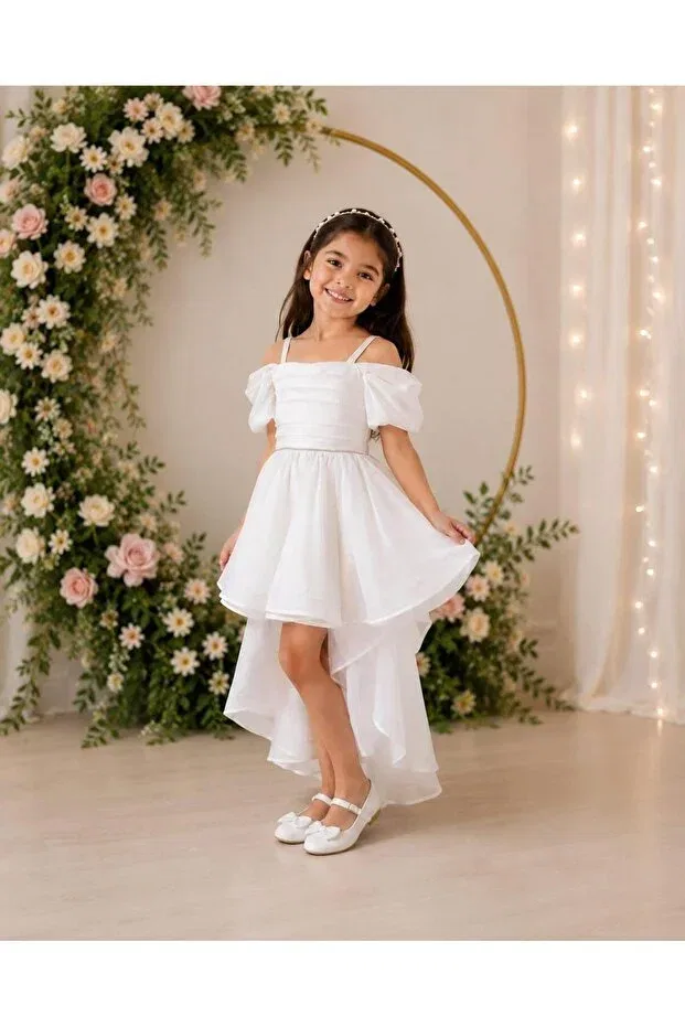 Детское платье для девочек с принтом Alya white sleeves with detail, straps and trail Alya Butik, White
