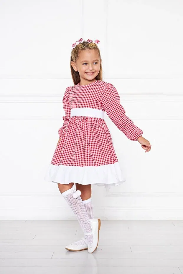 Детское платье для девочек с принтом Red Gingham Patterned Frilly Girl's Dress Moda Lippa, Red